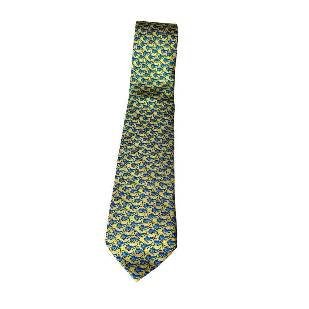 Vineyard Vines Yellow Blue Fish Pure Silk Mens Tie 375 Inch Width